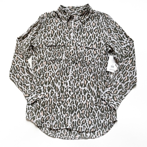 Equipment Slim Signature Silk Blouse Army Jacket Multi Leopard Print Small NWT - Picture 3 of 8